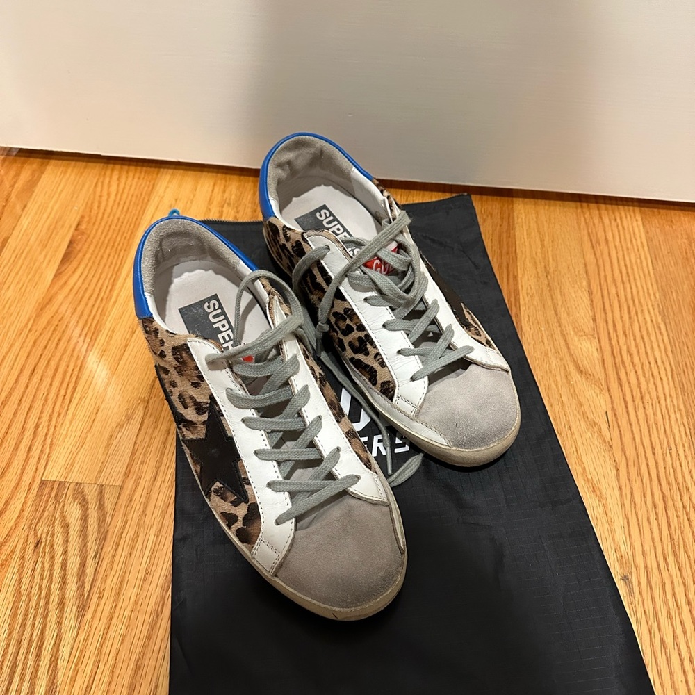 Golden Goose Leopard Print Sneakers with Blue Accents - Picture 2 of 3